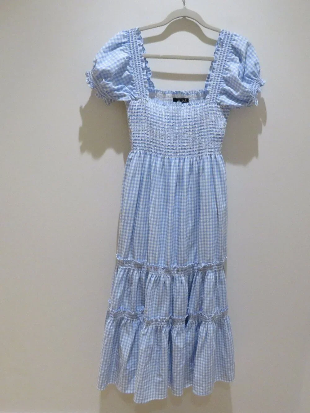 O.P.T Daphne Gingham Smocked Tiered Midi Dress Medium Trad Wife Cottagecore - Picture 3 of 16